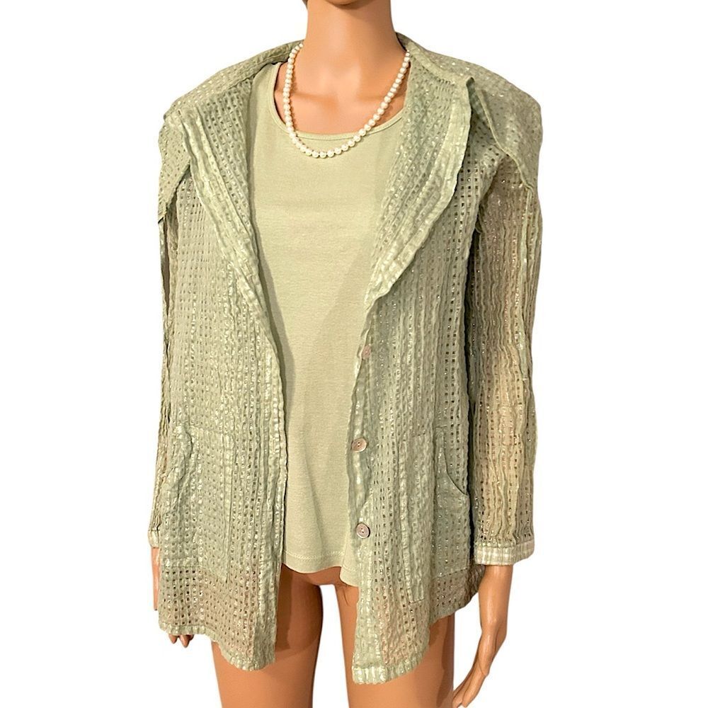 Fenini Women's Size Small Green Cotton Tank and Long Sleeve Button up Top Set